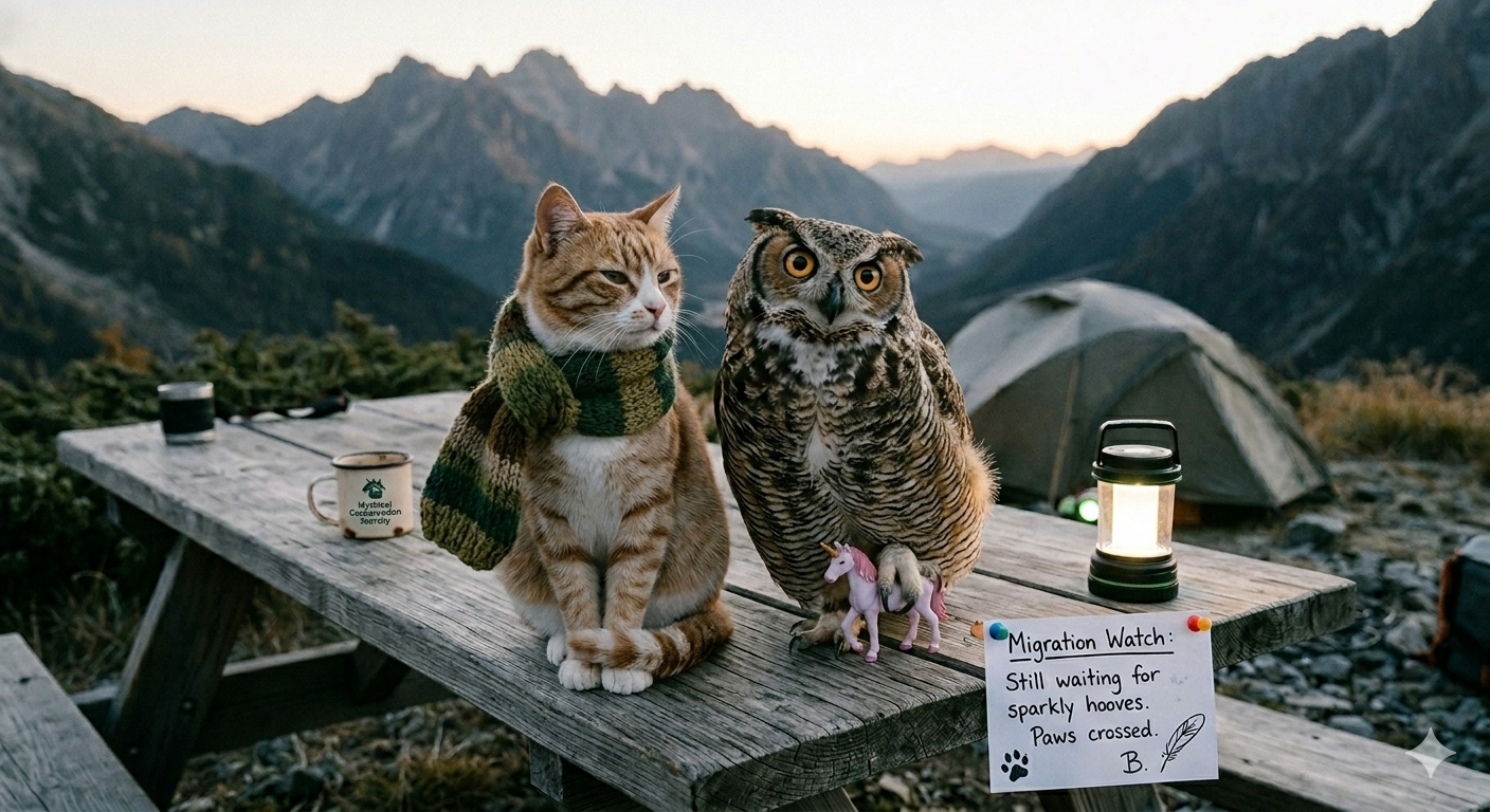 Field assistants on migration watch duty, sub-alpine camp, night 7. The note reads: "Still waiting for sparkly hooves. Paws crossed. B"